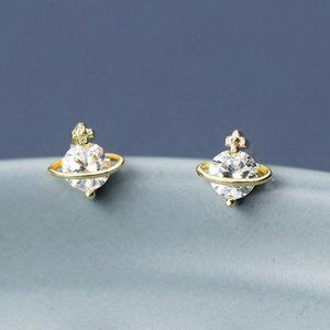 Solid Silver Planet Studs Earrings-Gold ECZ006